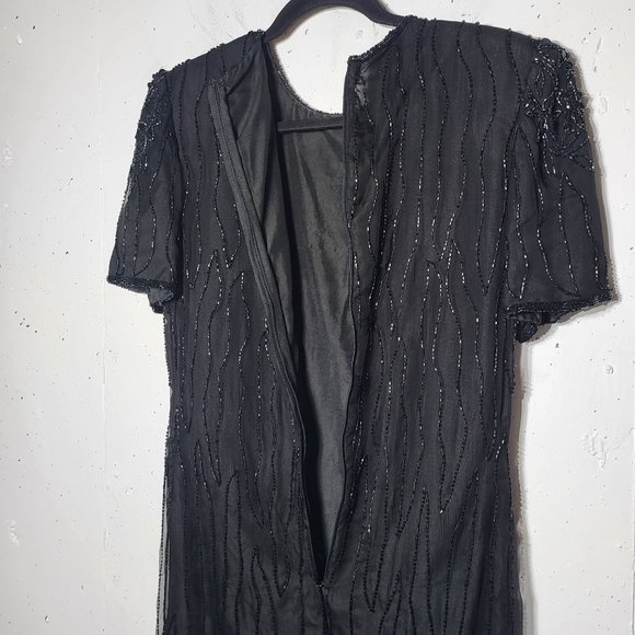Vintage JMD Womens Black Beaded Short Sleeve Silk Midi Dress Size Small Glam - Picture 4 of 10